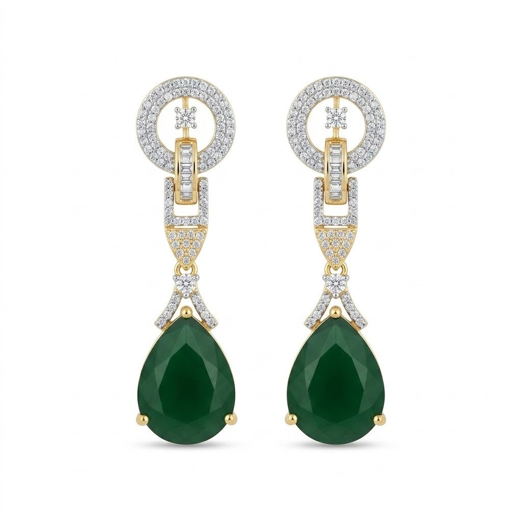 Emerald Green Crystal Pendant Necklace Earrings Set Gold Plated Bridal Jewelry