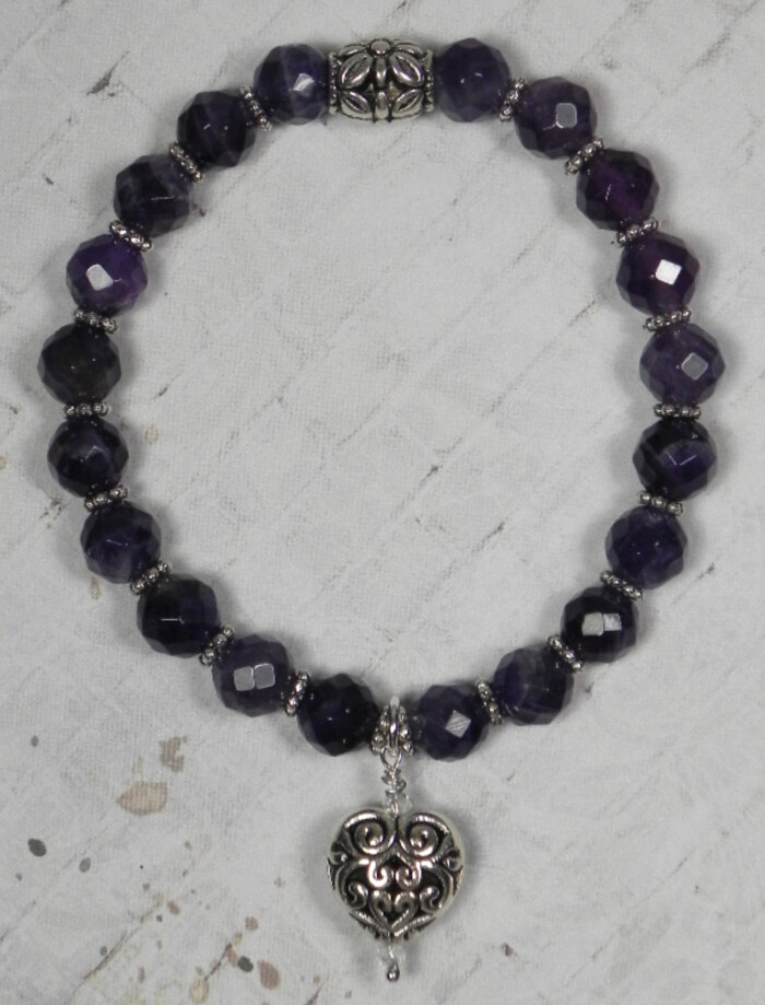 Amethyst Daisy Spacer Puffed Heart Charm Stretch Bracelet Handmade 7.5″ New