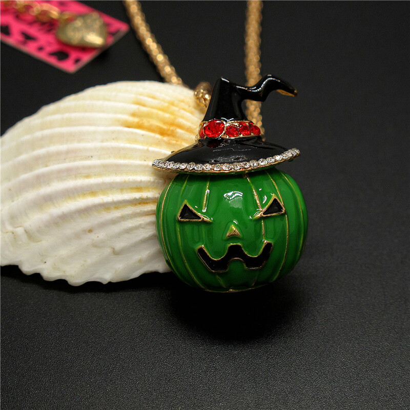 New Cute Crystal Enamel Green Pumpkin Halloween Fashion Women Pendant Necklace