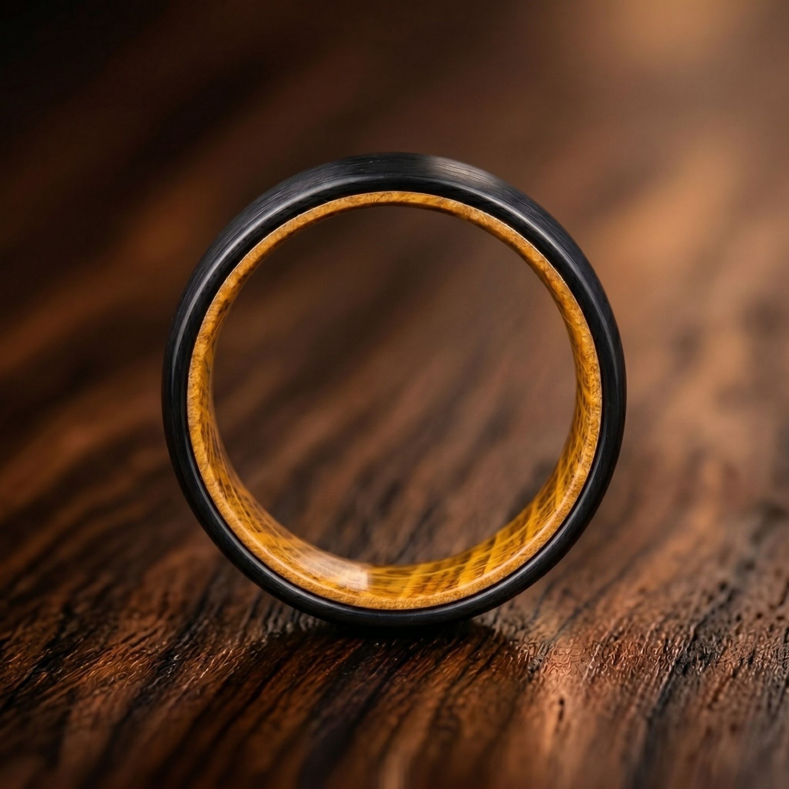 Black Tungsten Whiskey Barrel Ring – Wood Inlay Men’s Wedding Band Comfort Fit