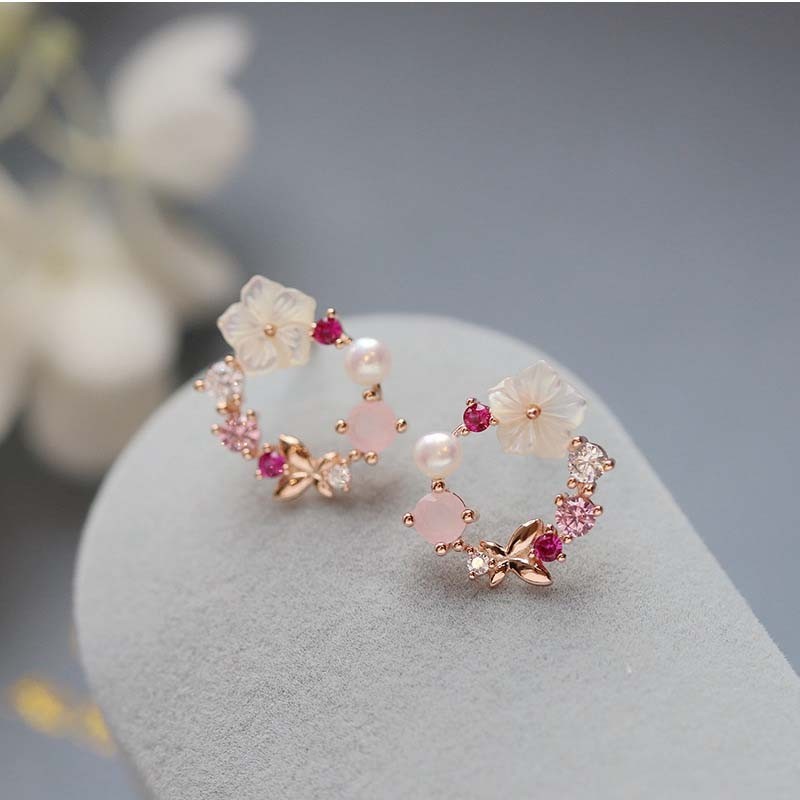 Y2k Pink Crystal Circle Flower Pearl Dainty Minimalist Women Stud Earrings