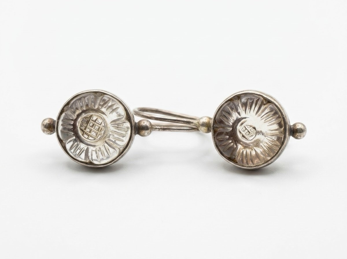 Jane Diaz Nepal 925 Sterling Silver Carved Clear Quartz Crystal Round Earrings