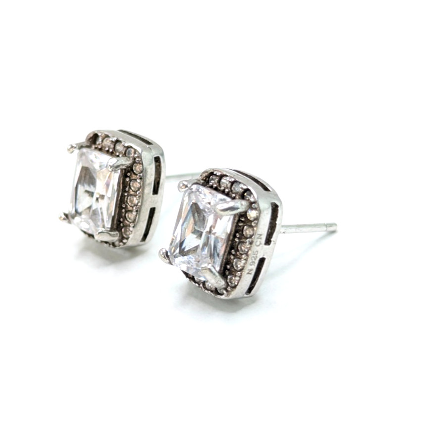 Sterling Silver 925 Halo Stud Earrings Rectangular Clear CZ Push Back 2.8g