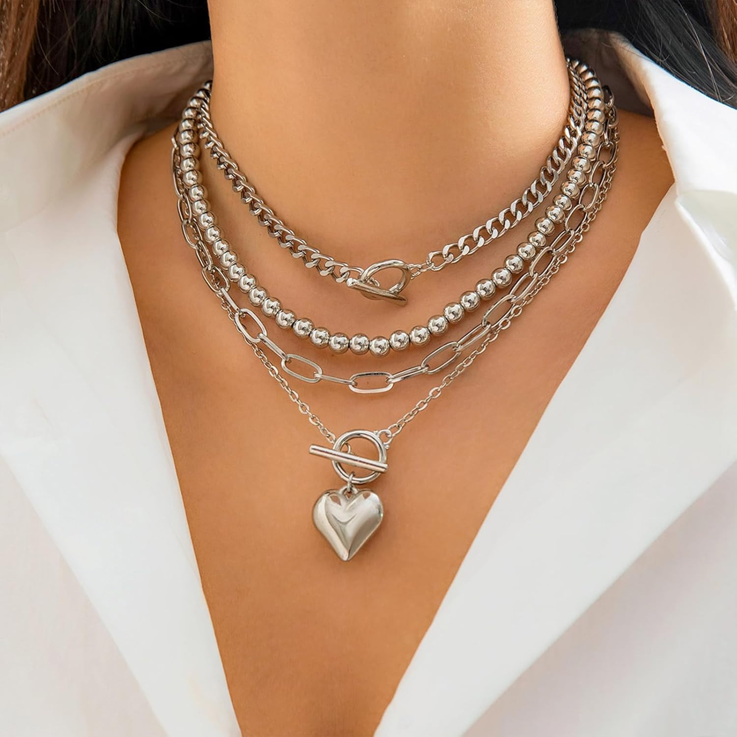 Chunky Silver Necklace Non Tarnish Layered Necklaces for Women Paperclip Chain N