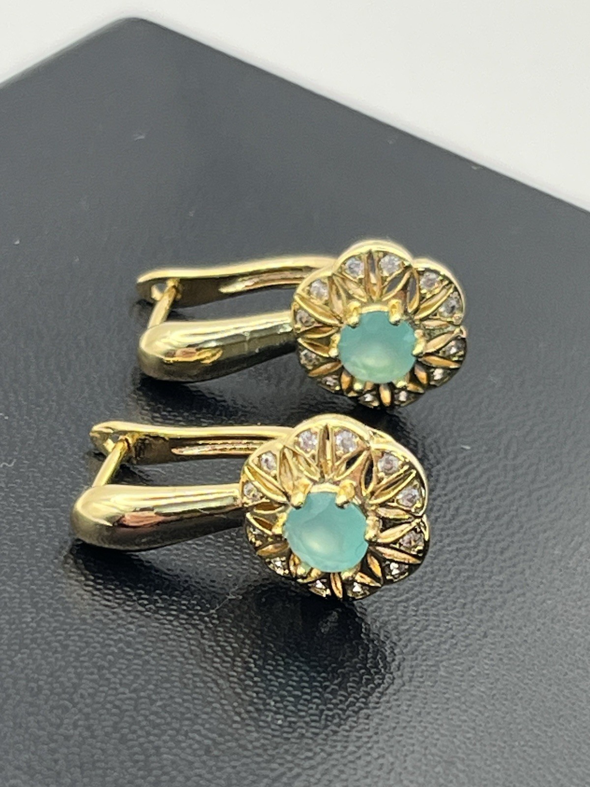 Pale blue green rhinestone gold tone flower cluster earrings