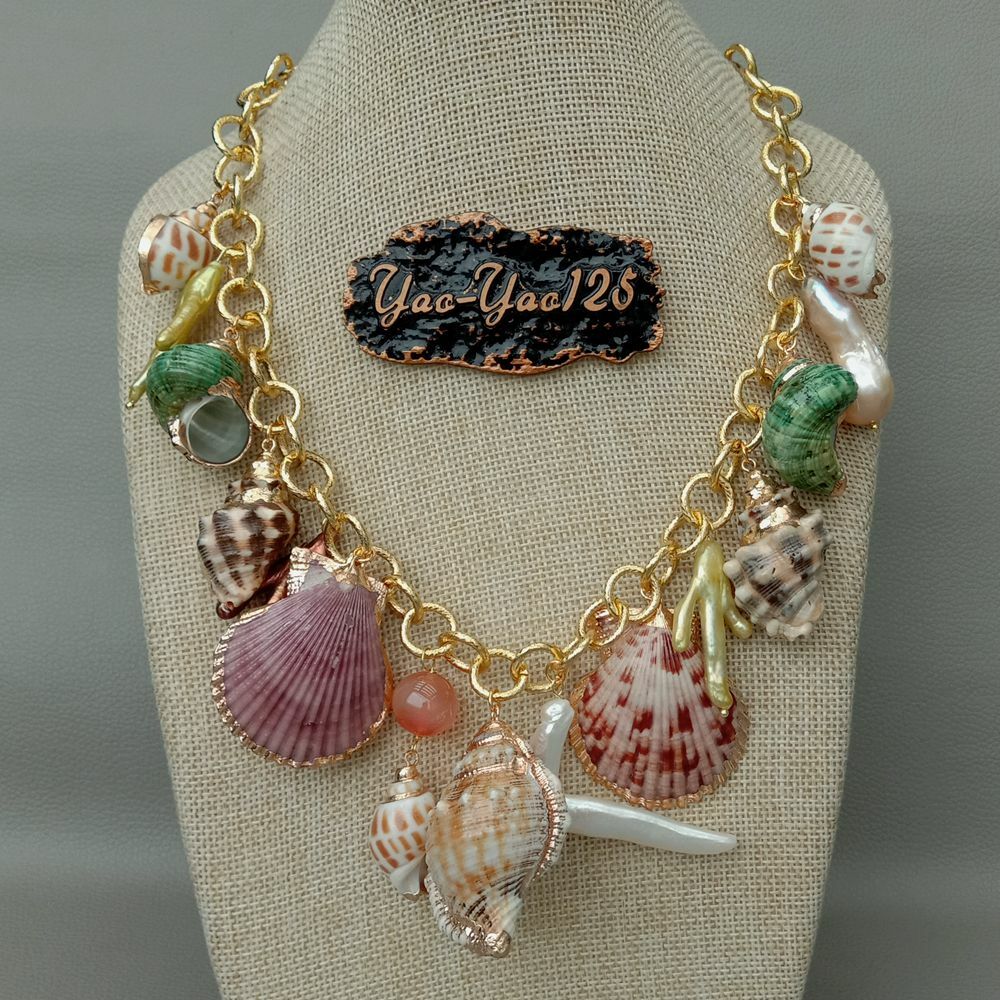 19″ Multi Sea Shell Pearl Chain Necklace Summer Beach Jewelry