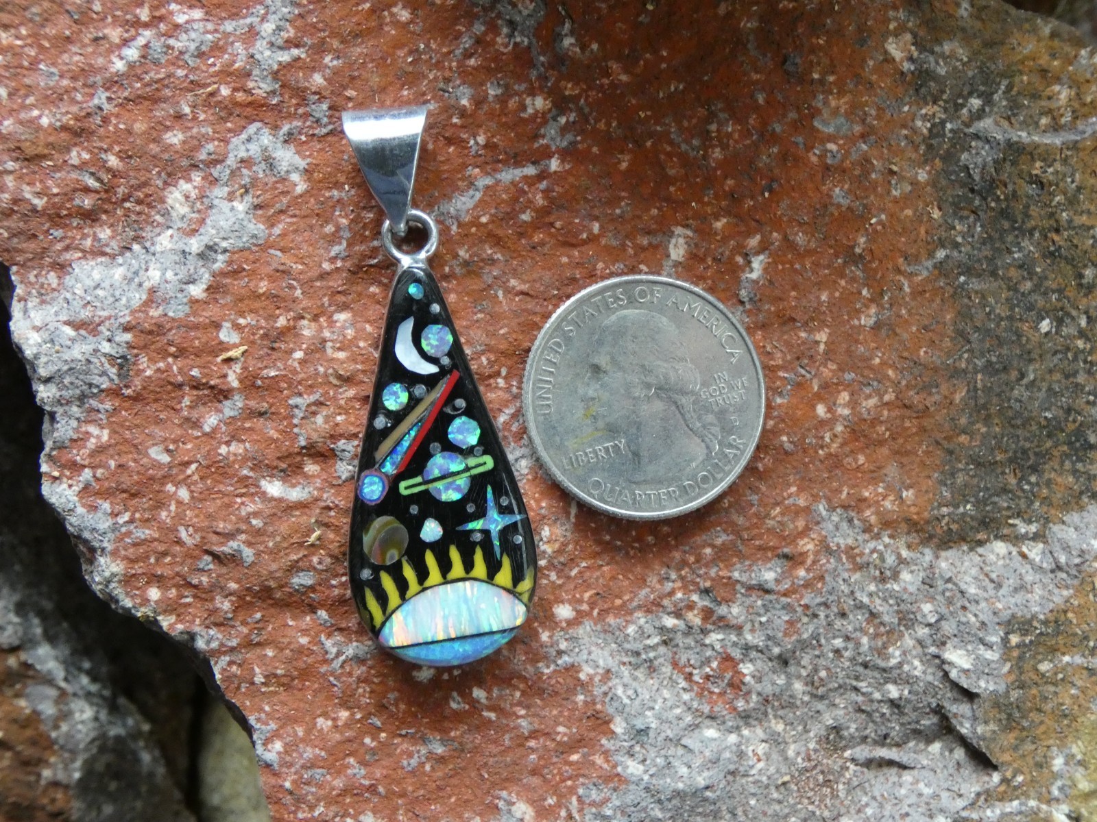 Sun Planets Night Sky Gemstone Opal Aluminum Sterling Silver Alloy Pendant AT2