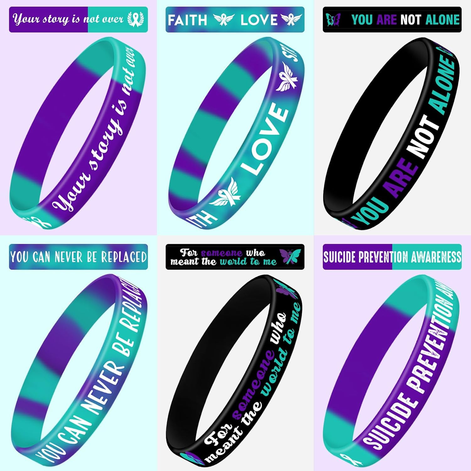 JUNEBRUSHS 42Pcs Suicide Prevention Awareness Silicone Bracelets Purple Teal Rib