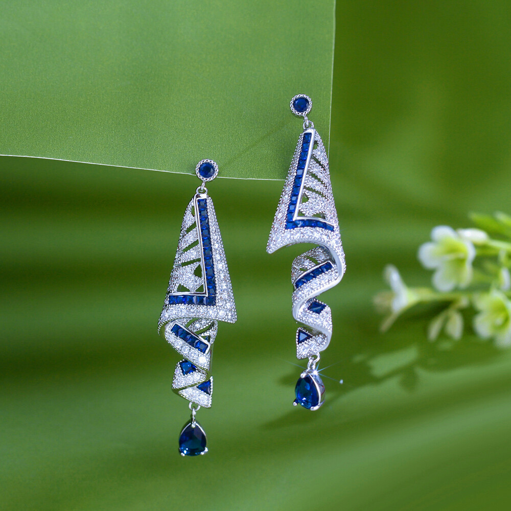Silver Plated Cubic Zirconia Blue Long Symmetrical Dangle Drop Earrings for Lady