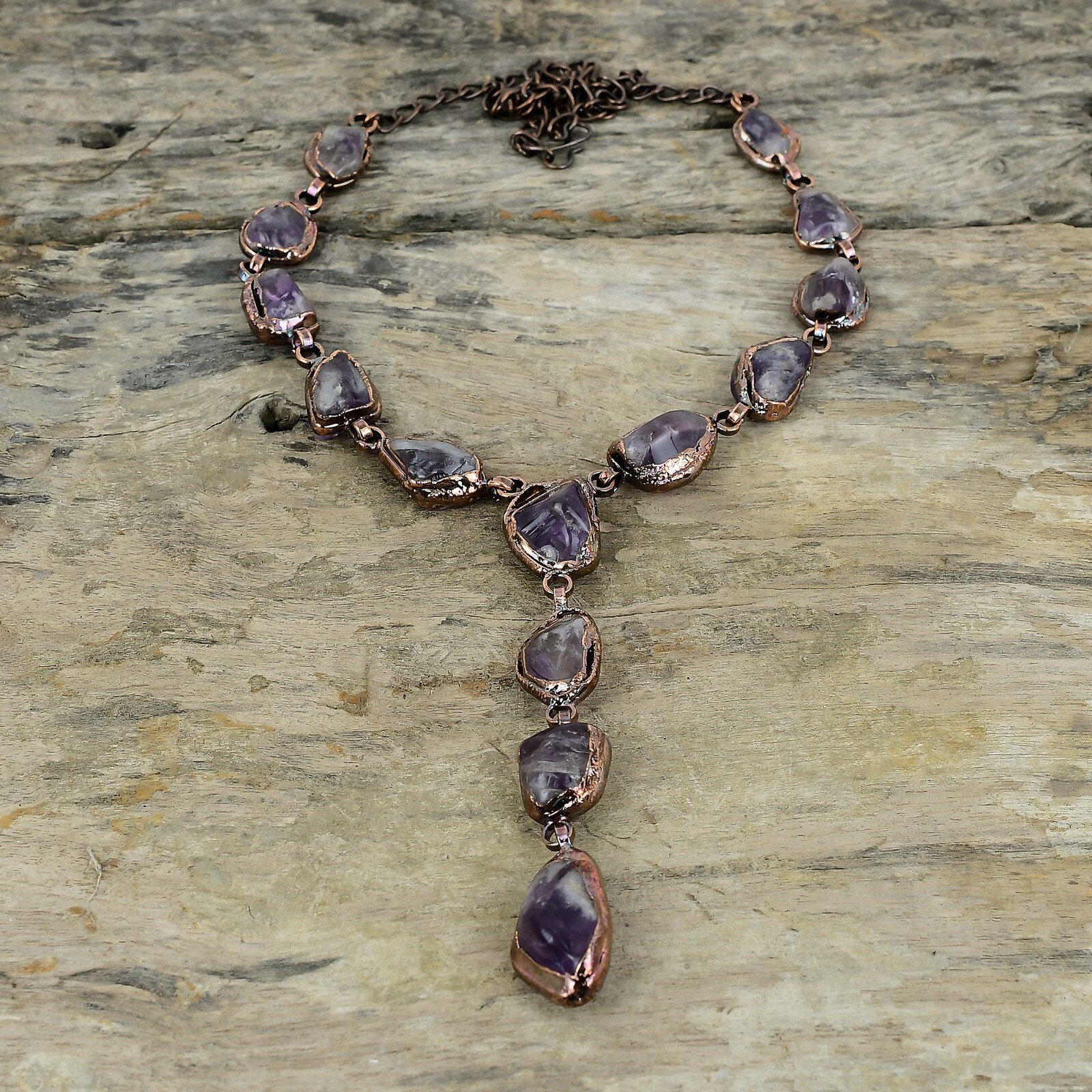Super 23 Amethyst Rough Copper Electroformed Chain Adjustable Necklace 18.0″