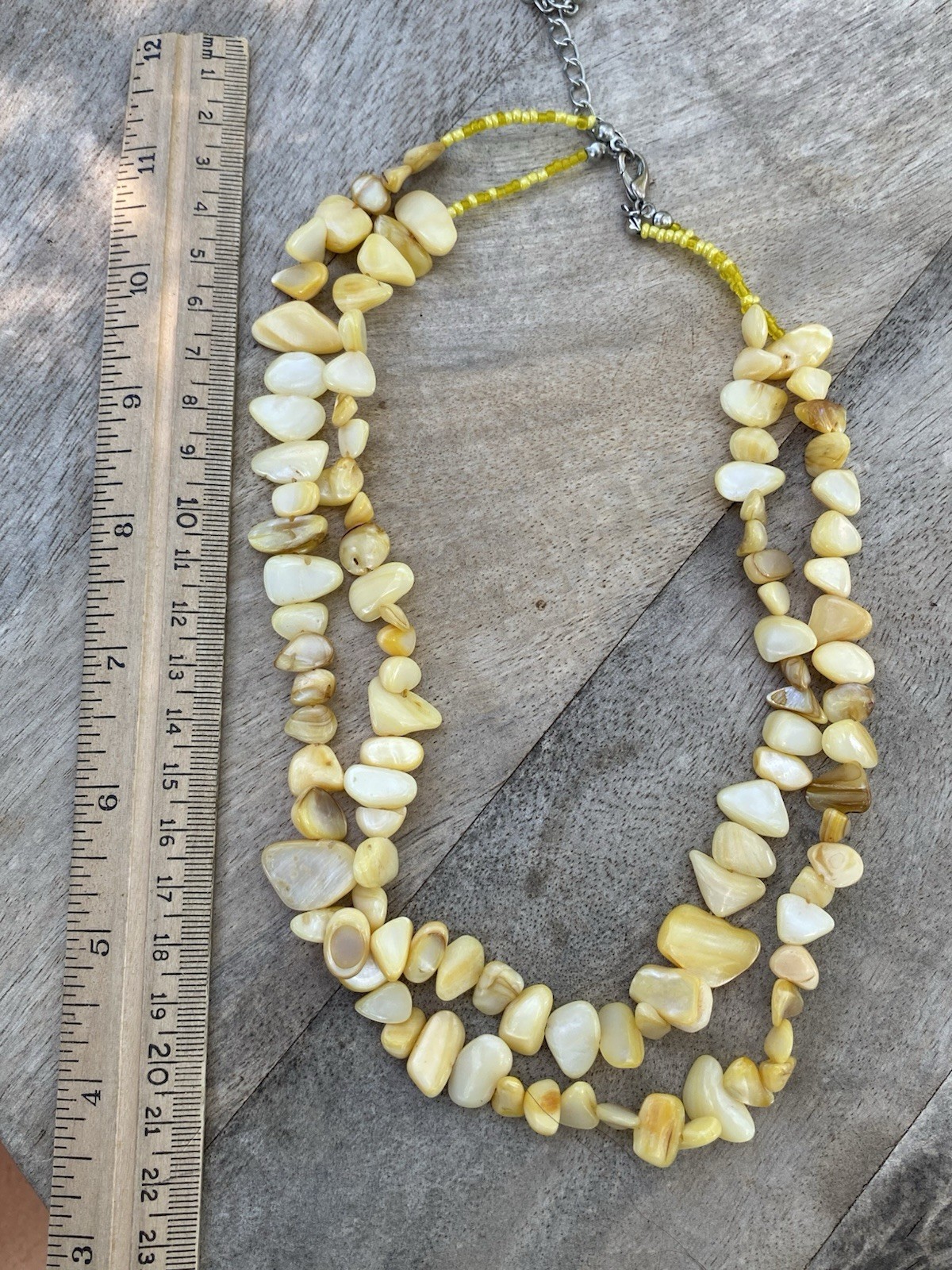 Yellow Natural Shell Chip Beaded Statement Necklace, Heavy, Lobster Clasp