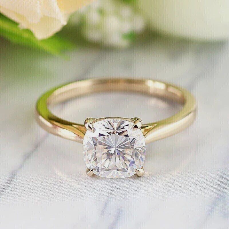 2Ct Cushion Simulated Diamond Solitaire Engagement Ring 14K Yellow Gold Plated