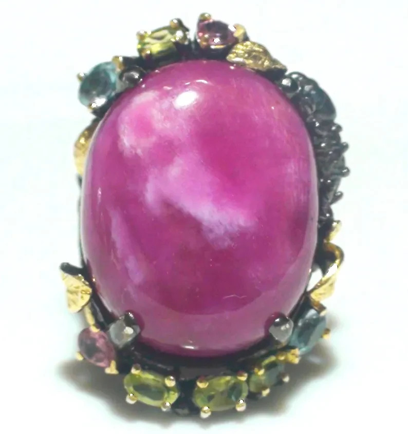 Cherry Ruby 86.30 carat Lizard Ring, Sterling Silver, Black & Yellow Gold Plated