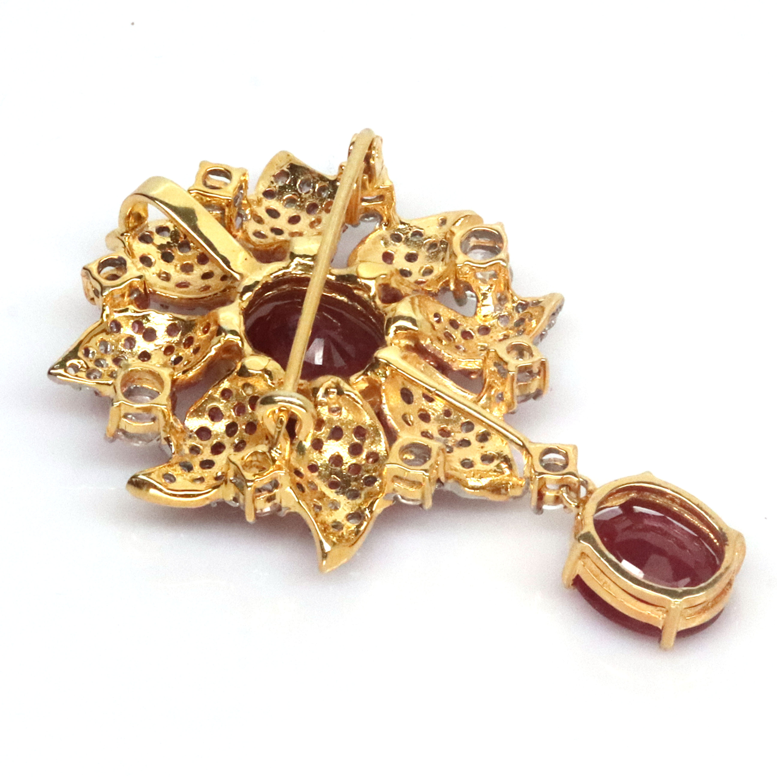 Gemstone 12 X 15 mm. Blood-Red Ruby Sapphire Topaz Zircon Brooch 925 Silver