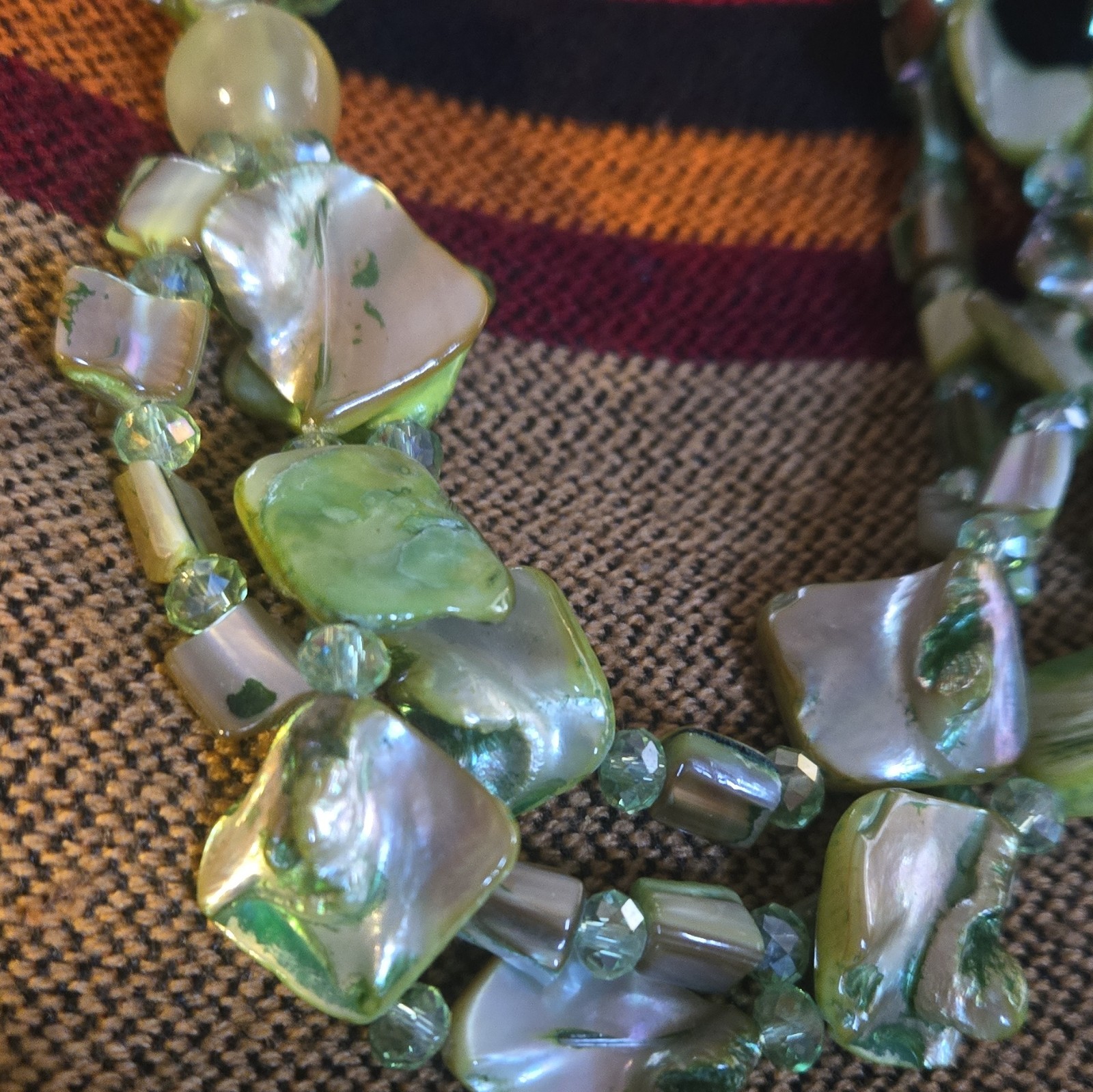 Green Shell & Glass Beaded Statement Necklace Lobster Clasp Adjustable