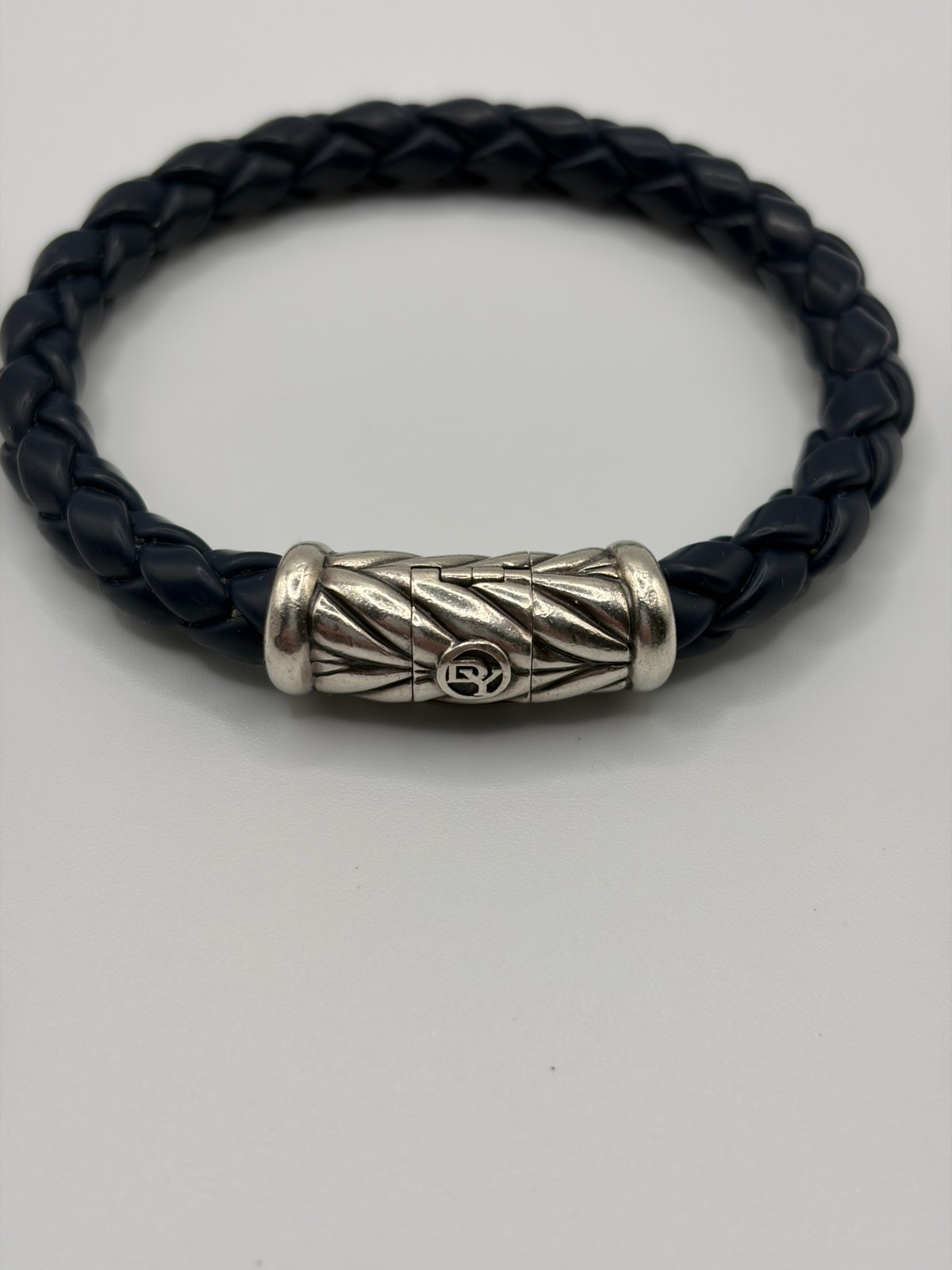 David Yurman Chevron Blue Rubber Sterling Silver Bracelet 7.5″ 8mm