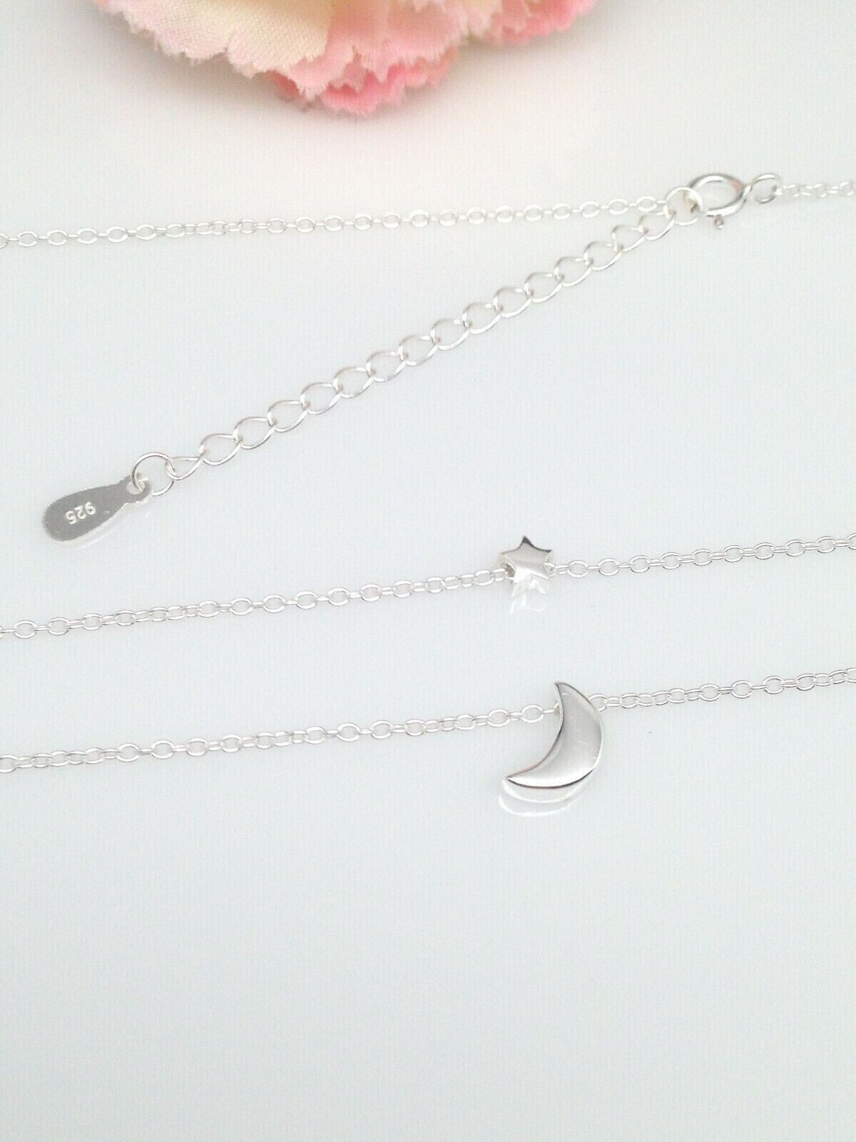 925 Sterling Silver Plain Star Crescent Moon Pendant Layered Necklace 2.8/7.8mm