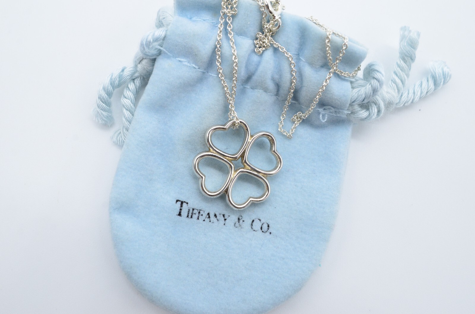 Tiffany & Co. Heart Clover Pendant Necklace Sterling Silver 925 w/Pouch 002