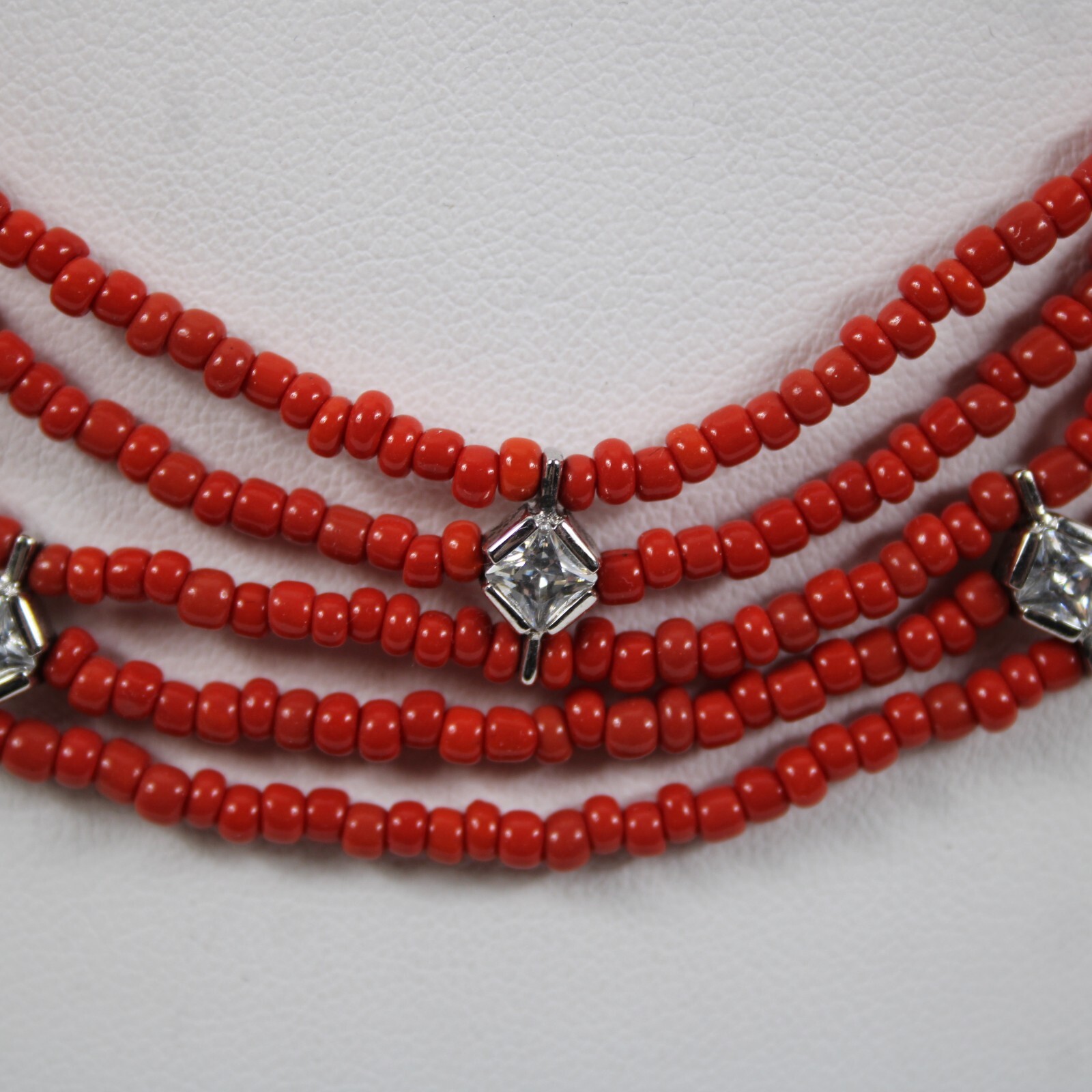 Sterling Silver Red Beaded CZ Multi Layer Hook And Eye Closure 17″ Necklace