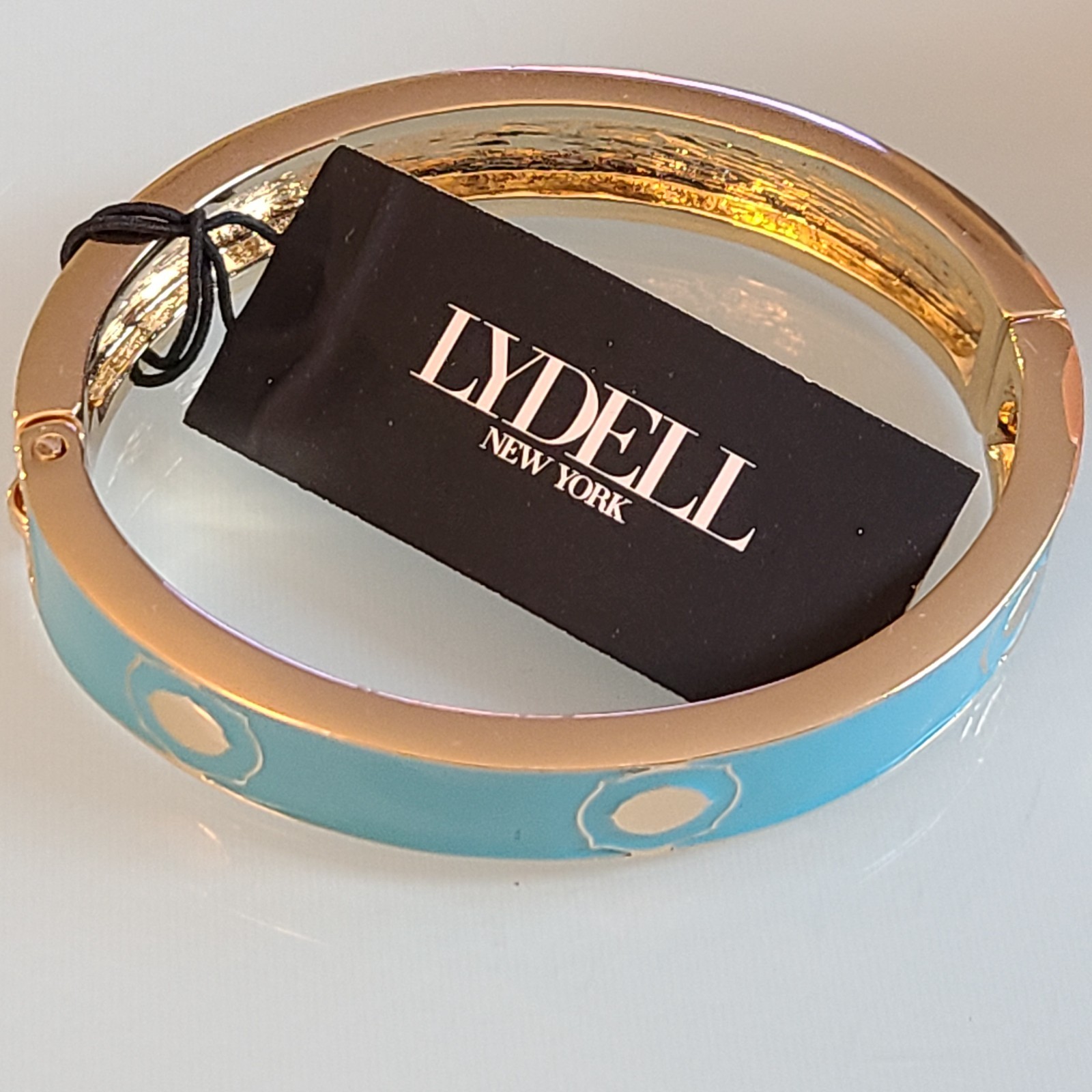 Lydell NYC Blue Enamel Hinged Bangle Bracelet Gold Tone Geometric Circle Stud
