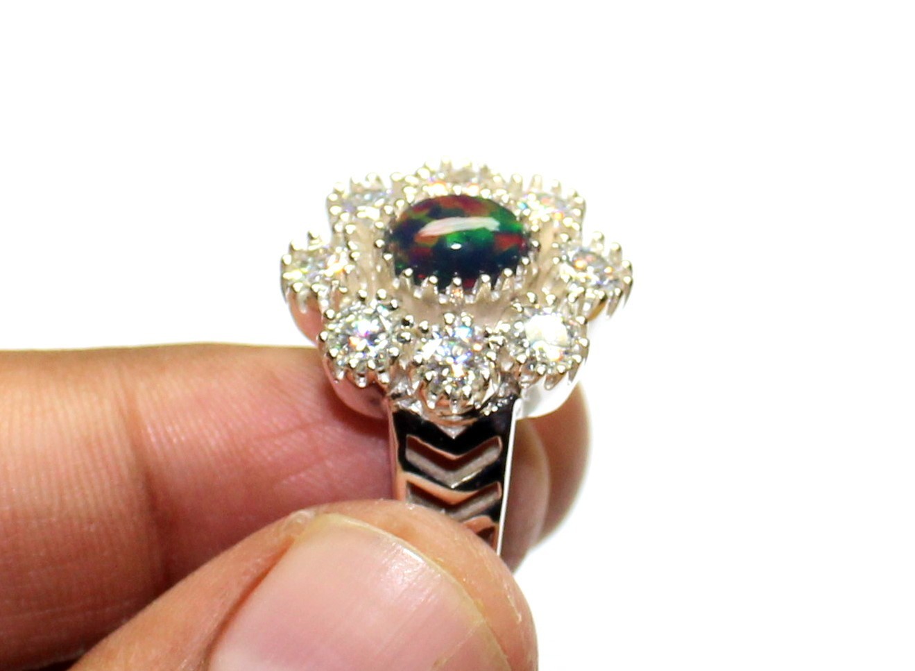 Black Opal Ring, Sparkle Moissanite 925 Silver Ring, Unique Engagement Jewelry