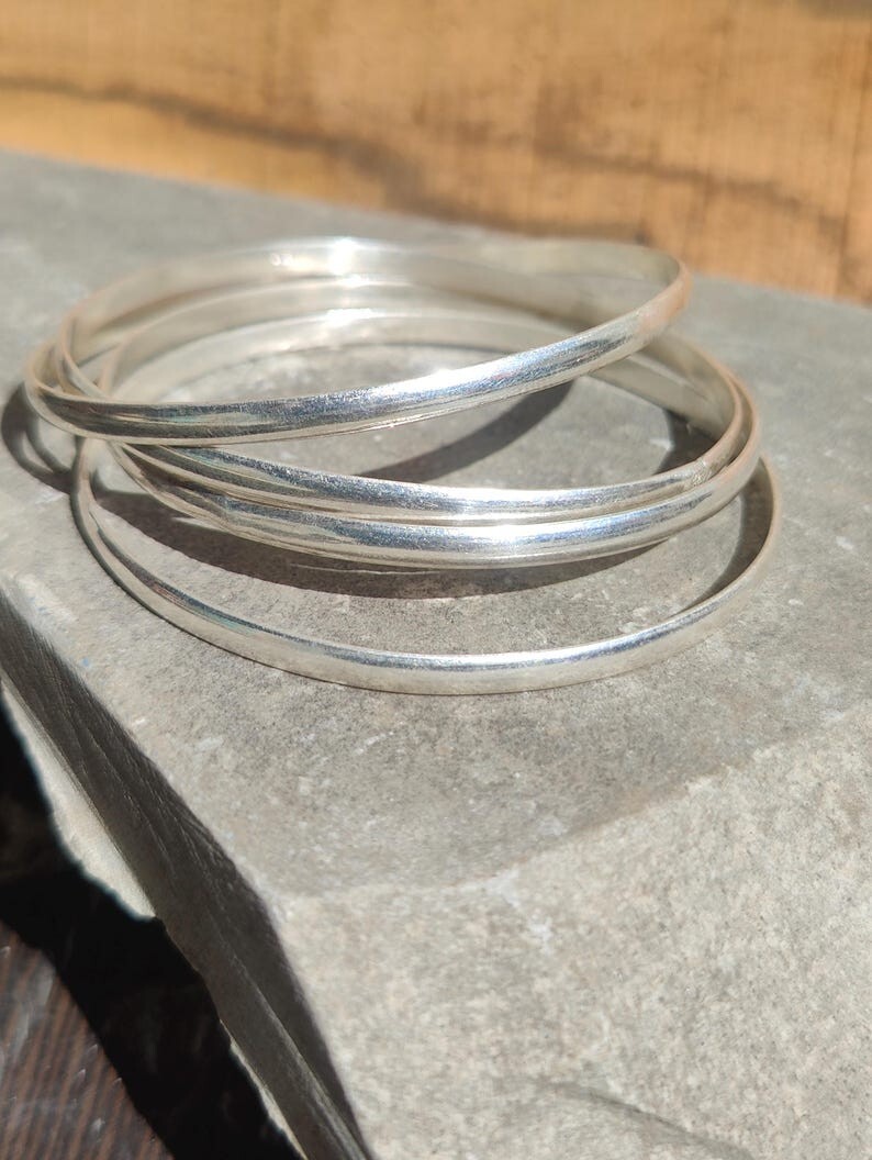Solid 925 Sterling Silver Set of 4 Bangles , Half Round Bangle Bracelets