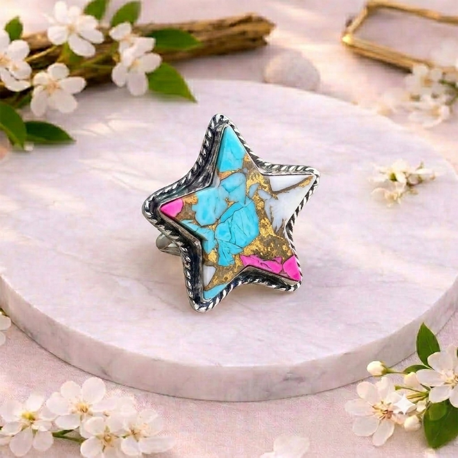 Cotton Candy Turquoise Star Ring Silver Boho Handmade Women’s Rings MR008