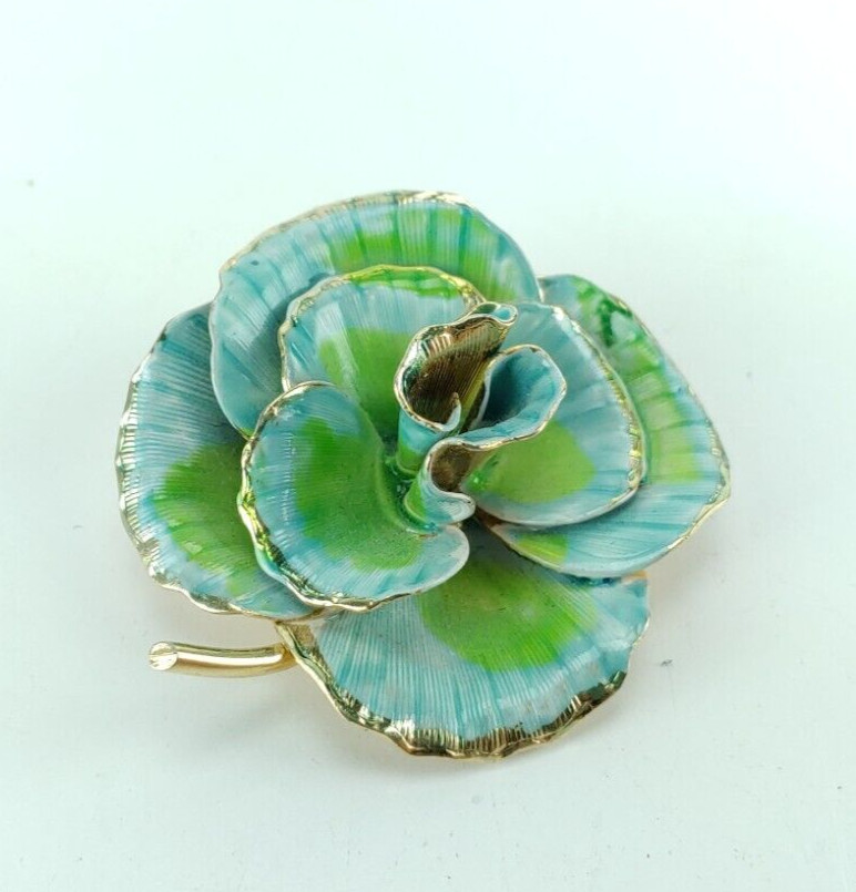 Vintage Rose Brooch Pin Women’s Jewelry Accessory Blue Green Gold Tone