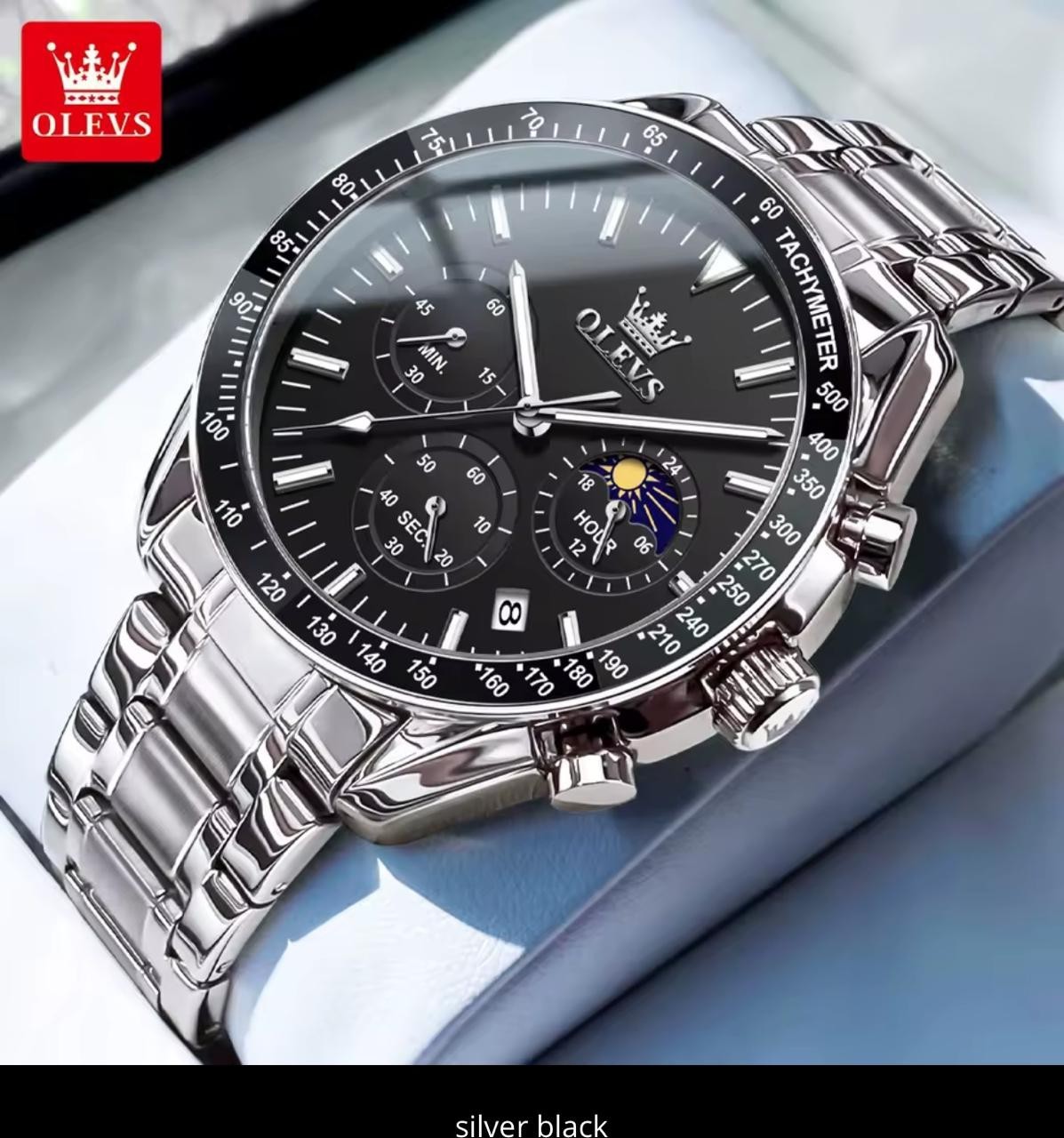 Men’s OLEVS Chronograph Watch – Moon Phase, Tachymeter Bezel, Stainless Steel