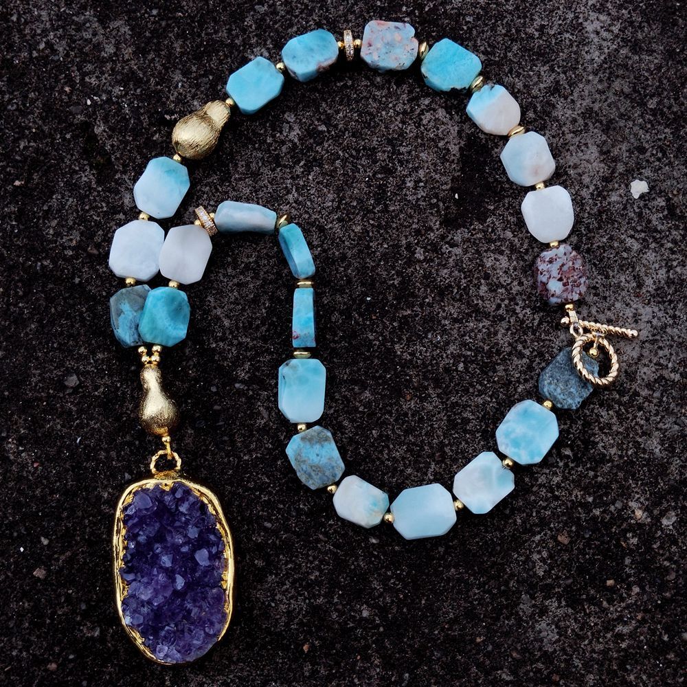 Natural Stones Larimar Amethyst Druzy Pendant Necklace Beaded Designer