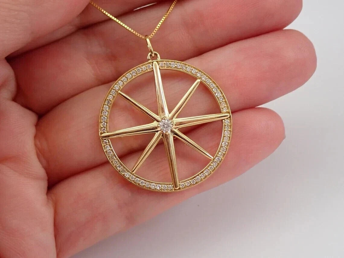 1.00Ct Natural Moissanite Round COMPASS Pendant Real 10K Yellow Gold