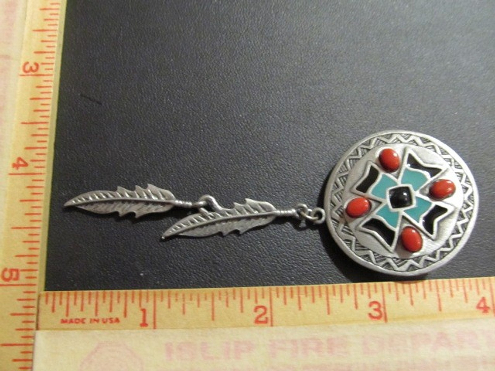 Vintage JJ Jonette Artifacts Pewter Tone Faux Coral Hanging Feathers PIN