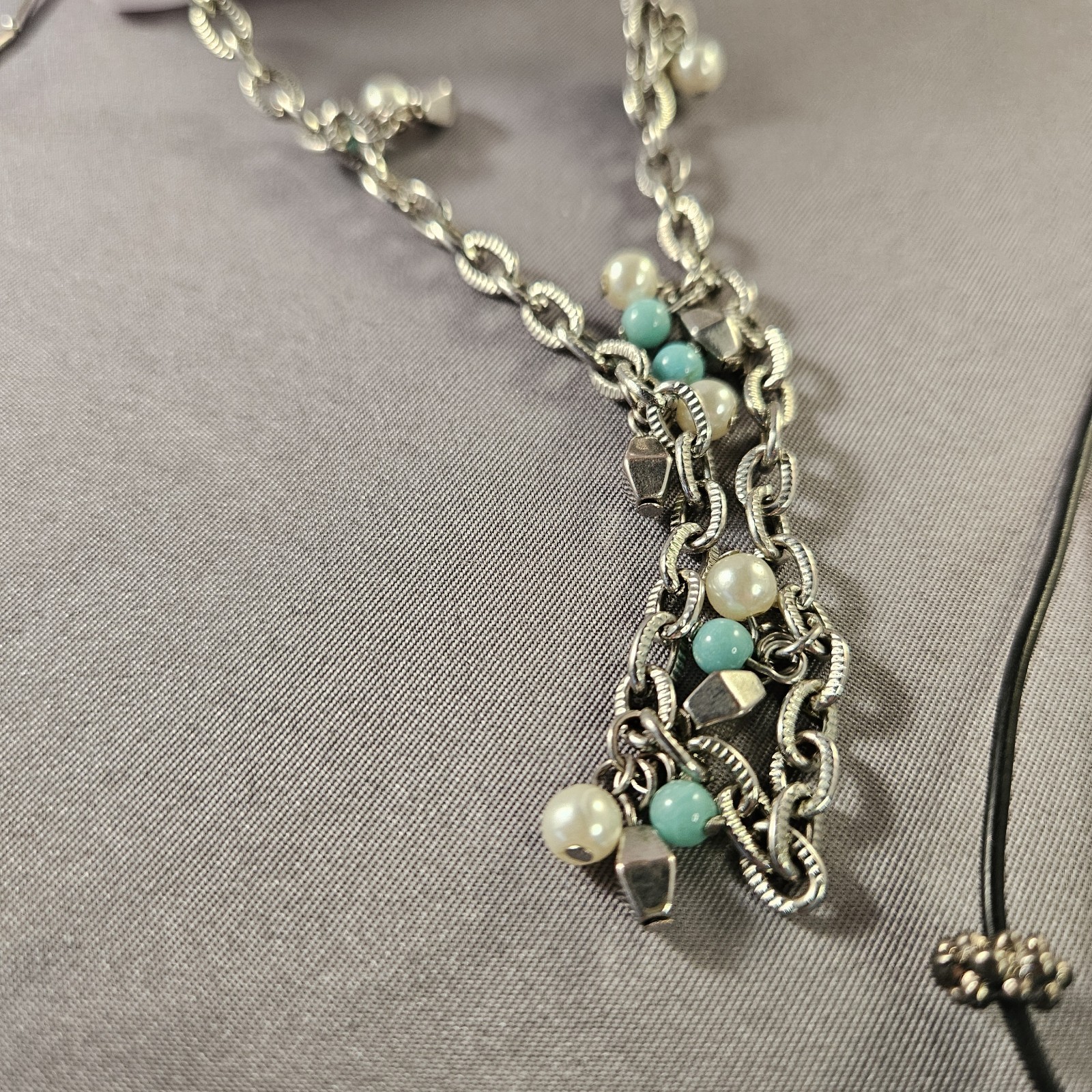 Lot 3 Boho Turquoise Colors, Silver Tone Necklaces Cord Beaded Chain 16 36in