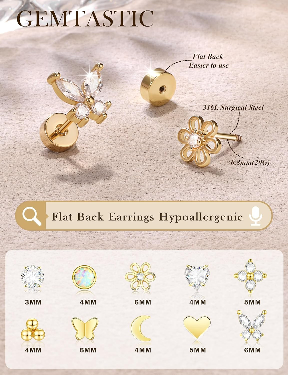 15 Pairs Hypoallergenic Flat Back Cartilage Earrings for Women, Stainless Steel