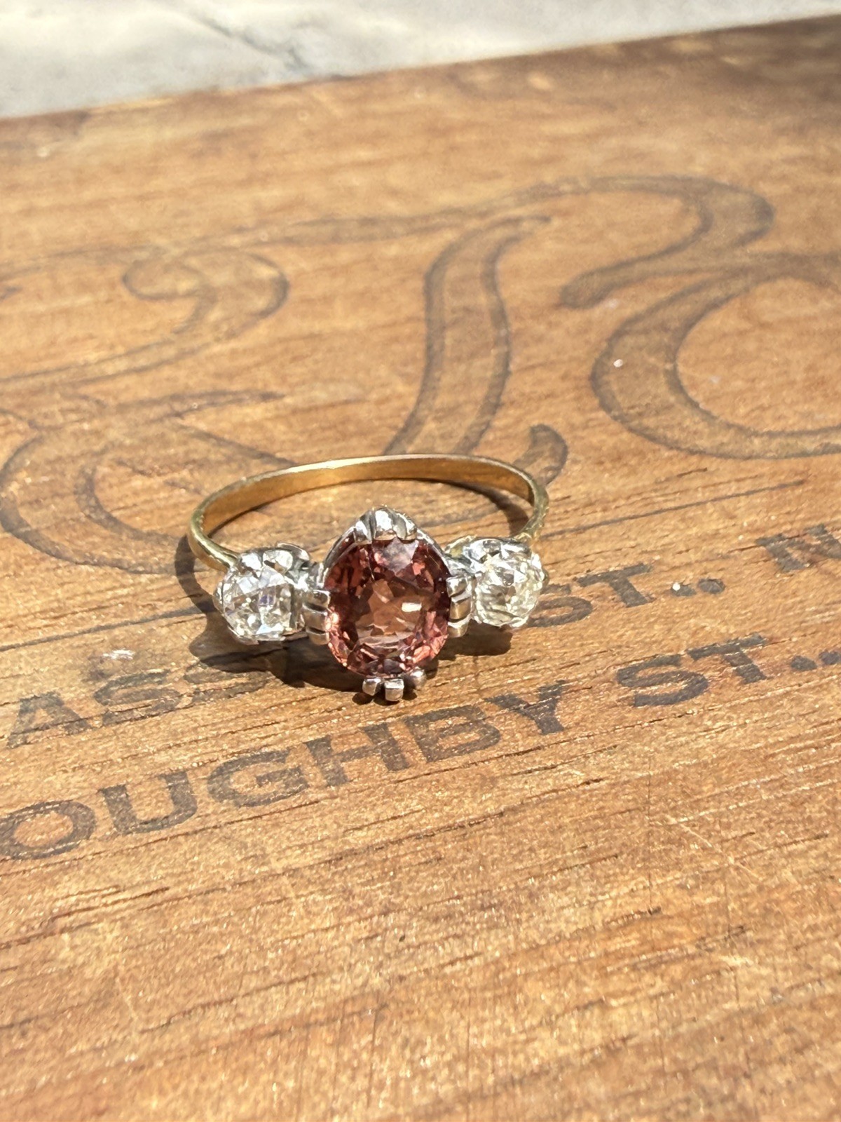 Victorian Trilogy Ring in 18KYellow & White Gold, Spinel 1Ct & 2 (22.5pt) diamon