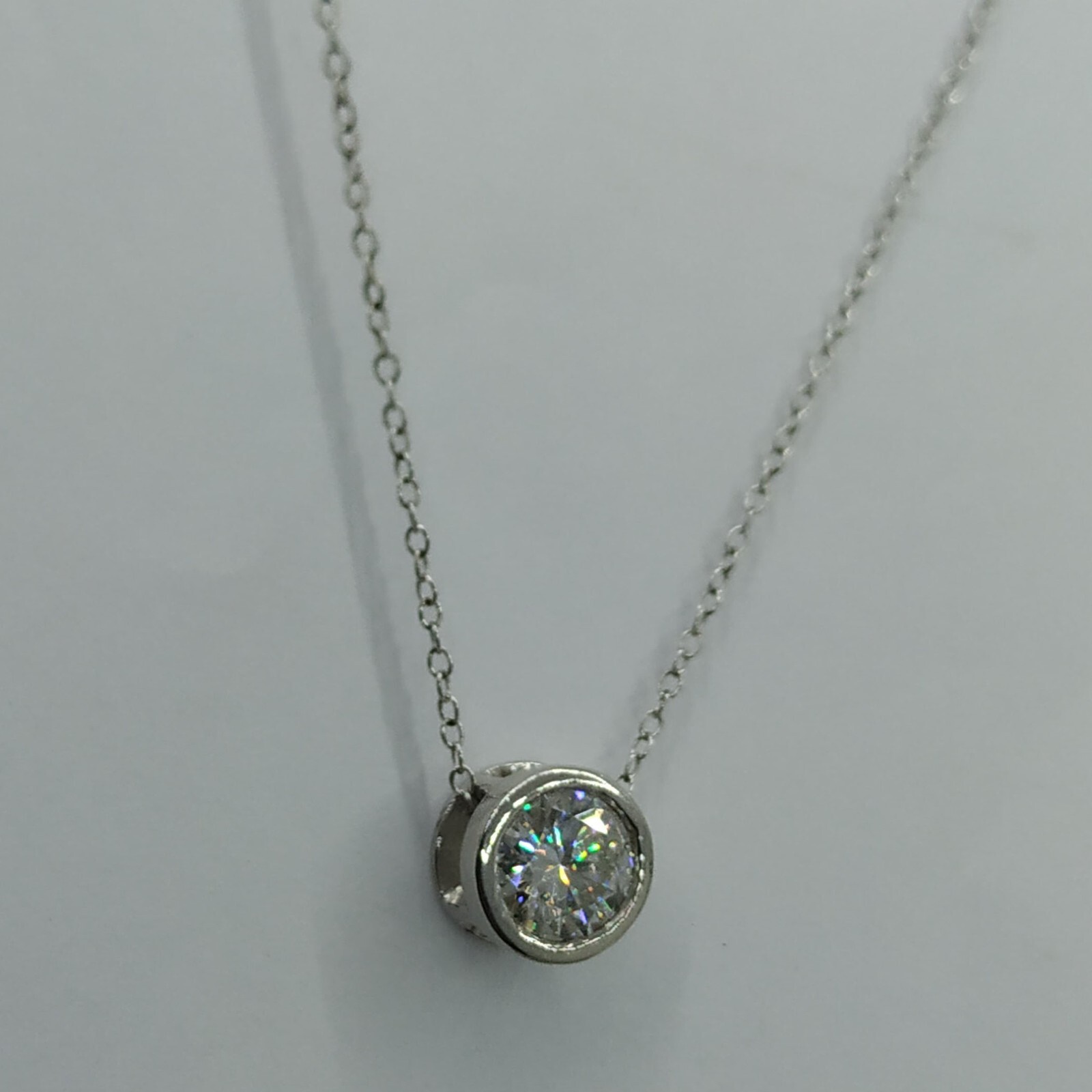 14K White Gold Plated 1.10 Ct Bezel Set Solitaire Real Moissanite Pendant Chain