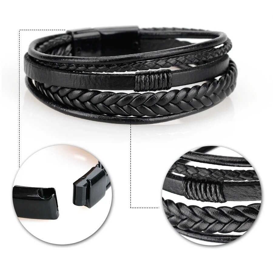 Men Genuine Leather Bracelet Multilayer Braided Rope Magnetic Wristband Black