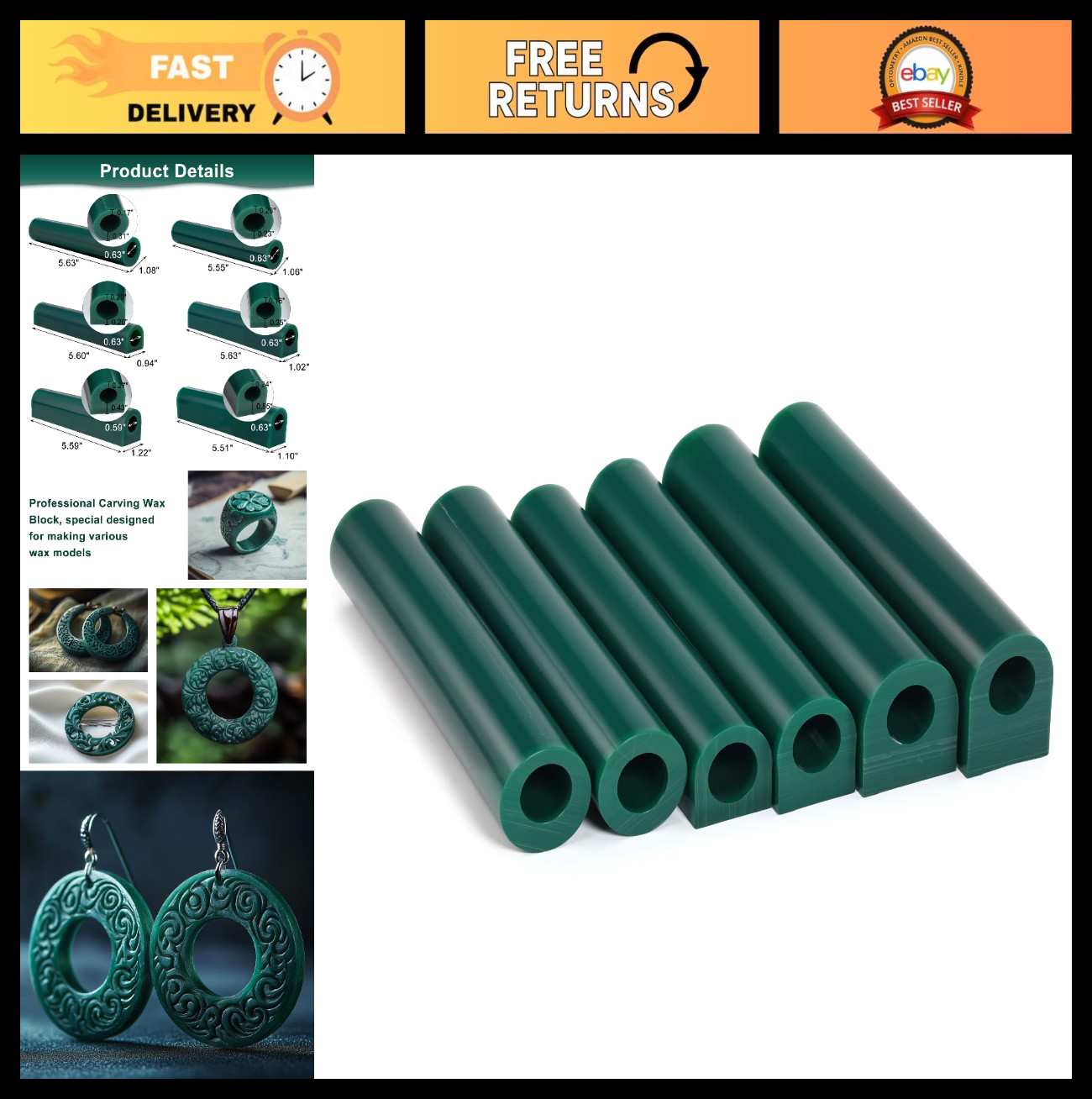 6 Pcs Casting Wax Carving Tubes for DIY Jewelry Ring Mold Making – Green