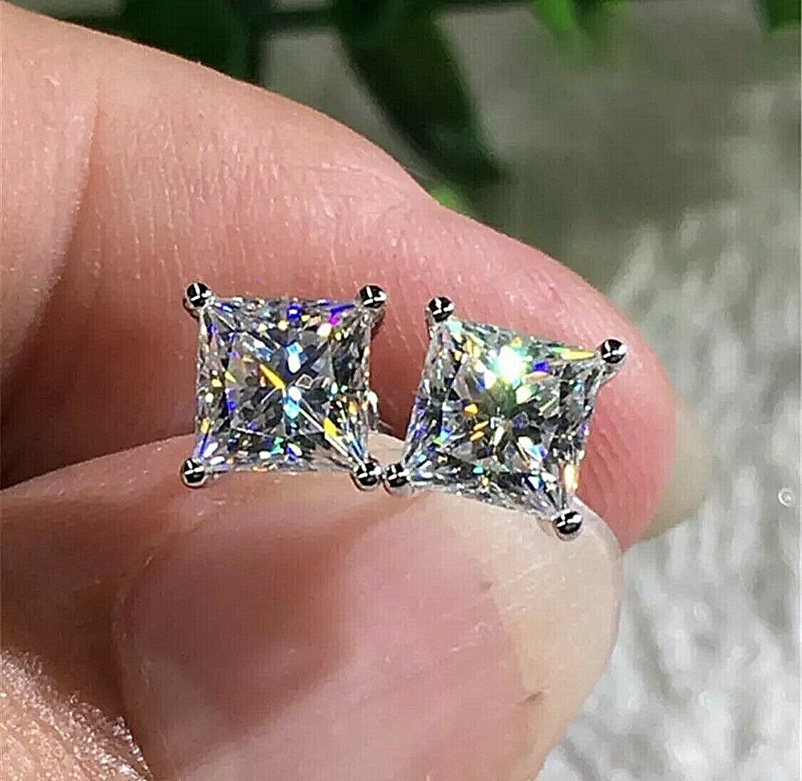 4 Ct Princess Cut FL/D Lab Created Stud Earrings 7mm 14k White Gold Push Back