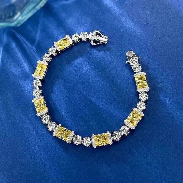 21ct Emerald Sim Canary Yellow Citrine Tennis link Bracelet White Gold Plated