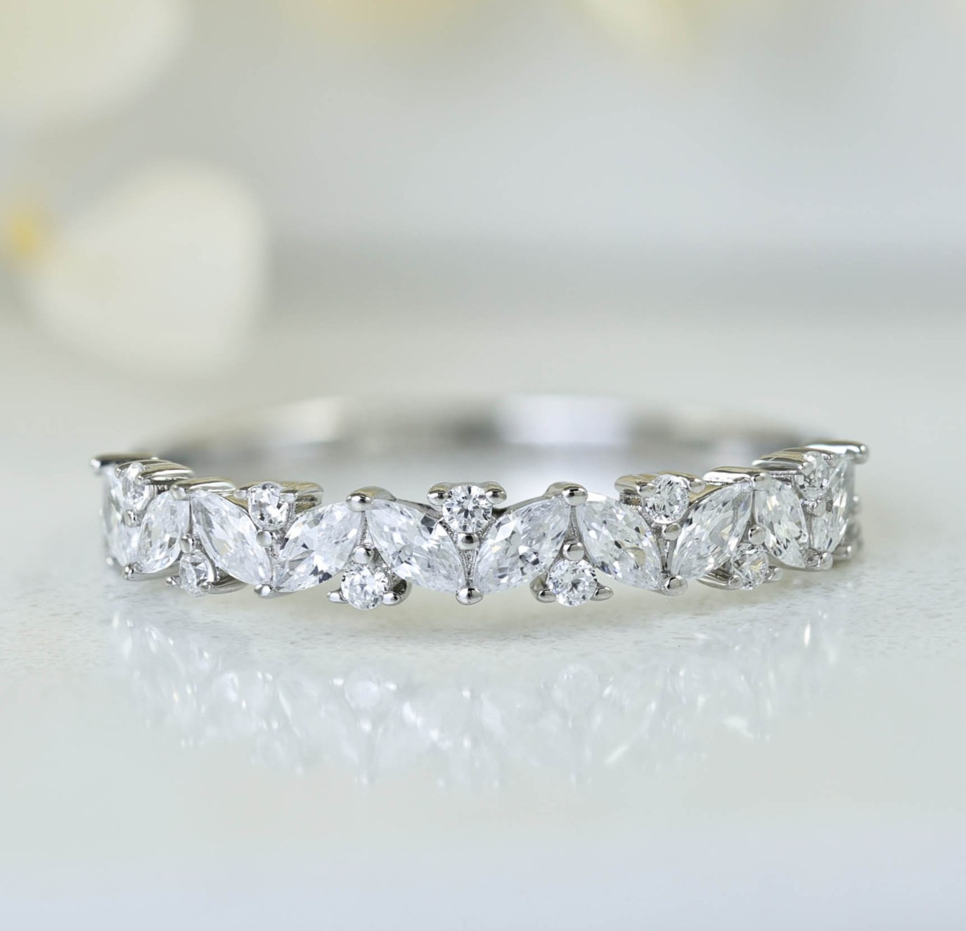 Marquise CZ Sterling Silver Half Eternity Wedding Band Celebration Ring S14166