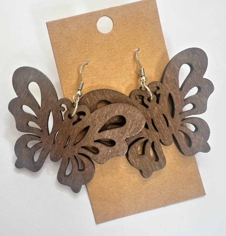 Lightweight Wood Butterfly Earrings Boho Cutout Rustic Nature Jewelry New Big