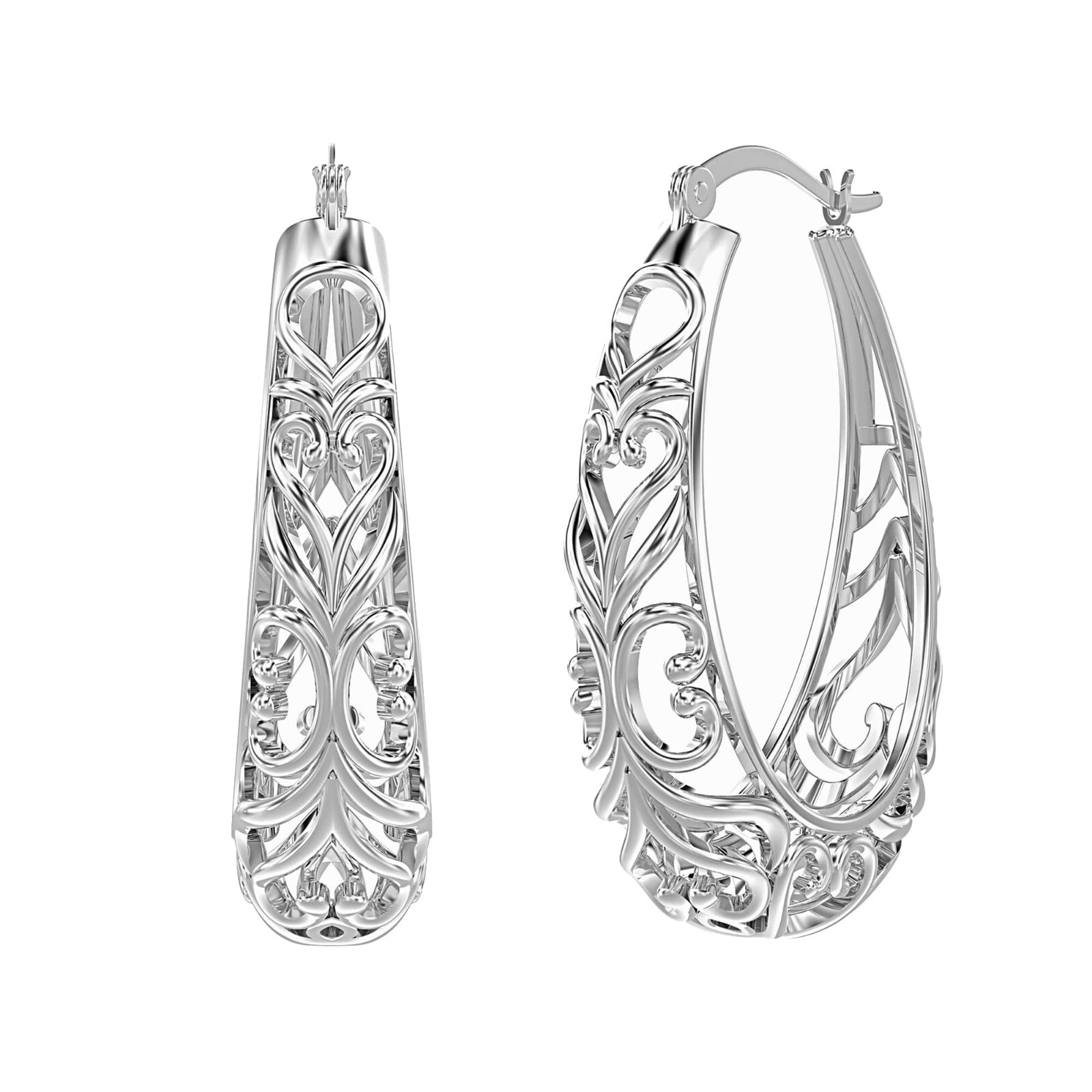LeCalla 925 Sterling Silver Post Filigree Oval Hoop Earrings for Women 32 mm