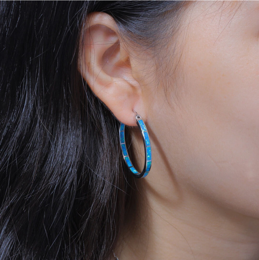 2PCS Blue Gemstone Hoop Earrings Huggie Drop Dangle Fashion Jewelry Women Gift