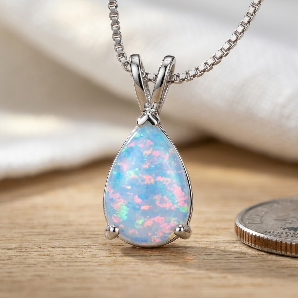Minimalist Droplet White Fire Opal Pendant Sterling Silver Dainty Necklace Gift