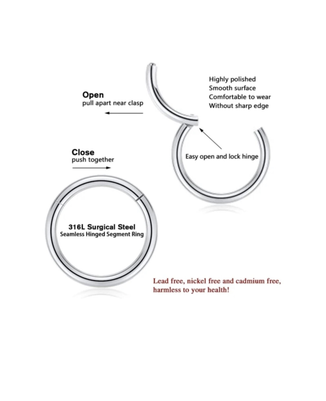 Hinged Septum Clicker Segment Nose Ring Lip Ear Daith 18G,16G,14G- ONE hoop