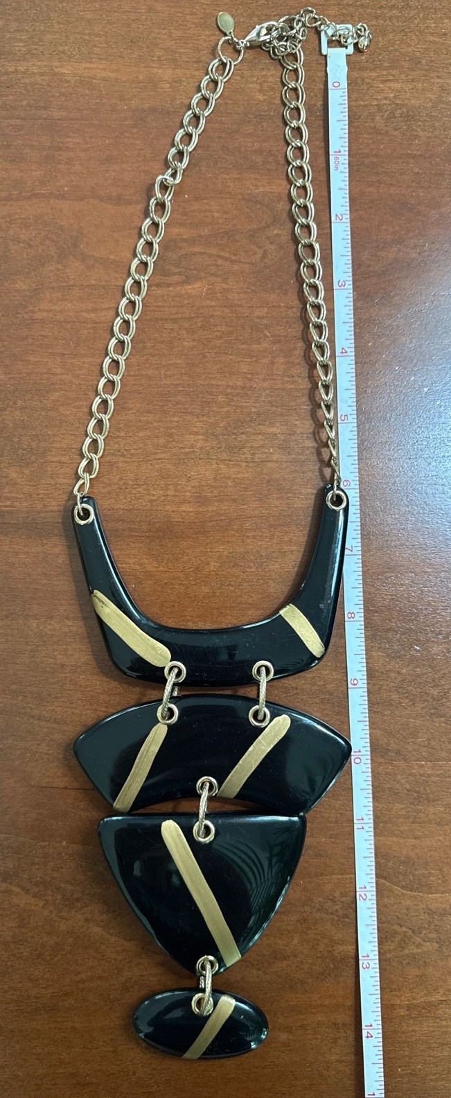 Chico’s Geometric Black Gold Statement Tier Bib Necklace Art Deco Chunky Bold