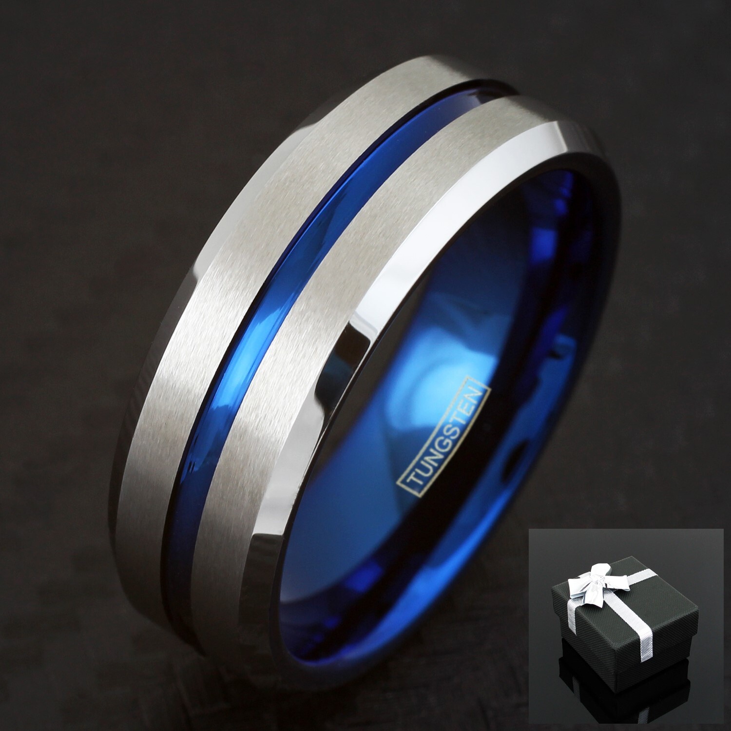 Tungsten Carbide Men’s Ring Brushed Silver Thin Blue Line Wedding Band Jewelry