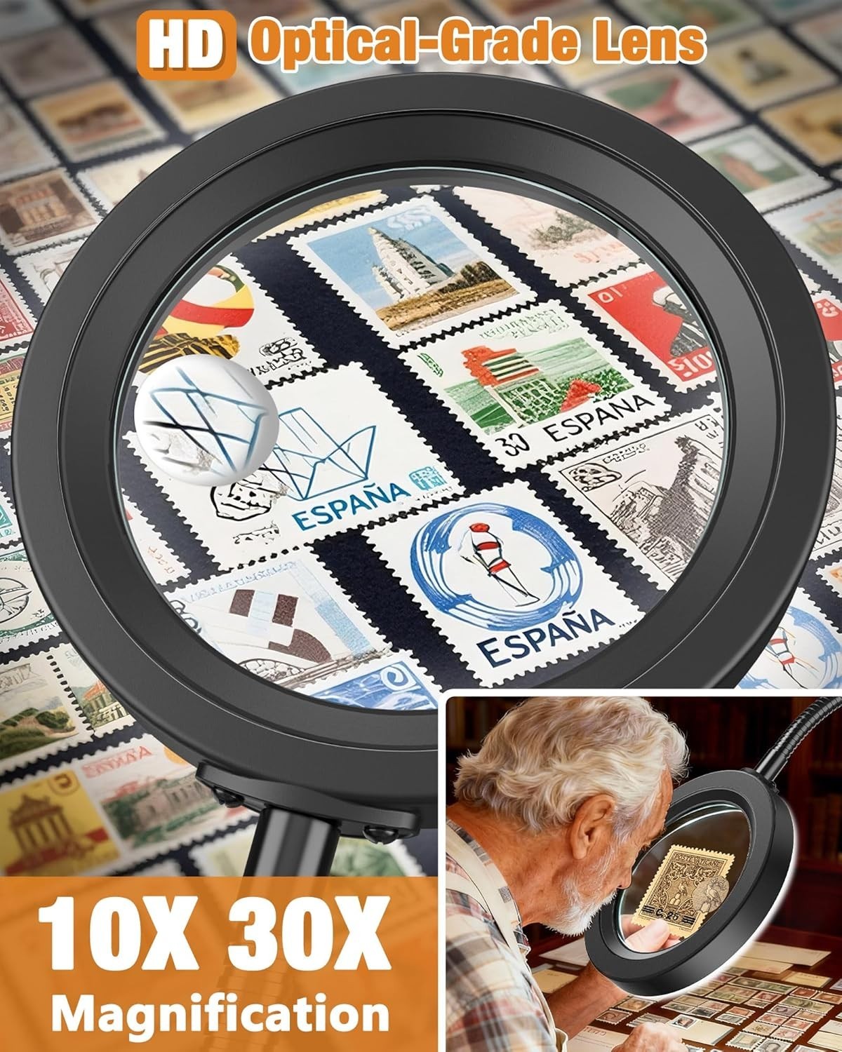 30X 10X Magnifying Glass with Light and Stand, 5 Color Modes Stepless Dimmable,