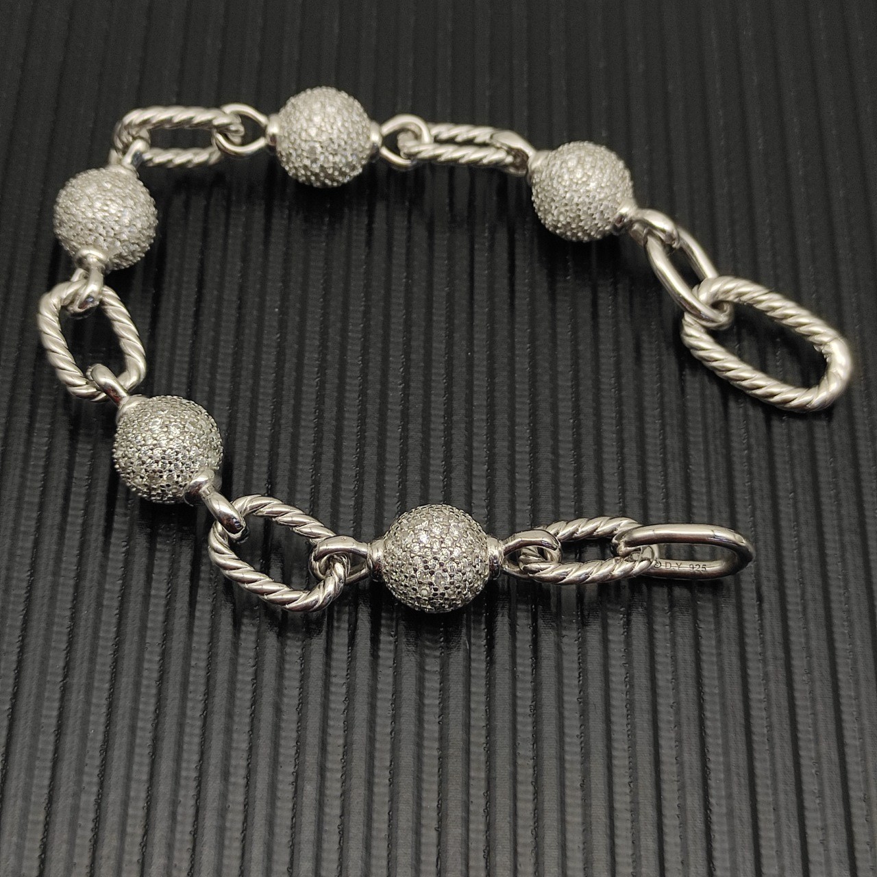 David Yurman 925 Sterling Silver Pavé Diamond Ball Cable Link Bracelet 21cm